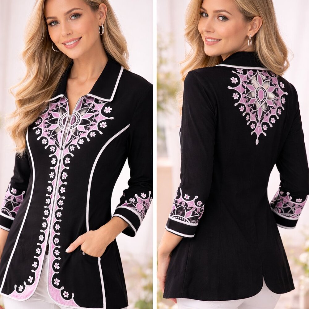 Black Pink Embroidered Jacket Floral Western Boho Statement Top